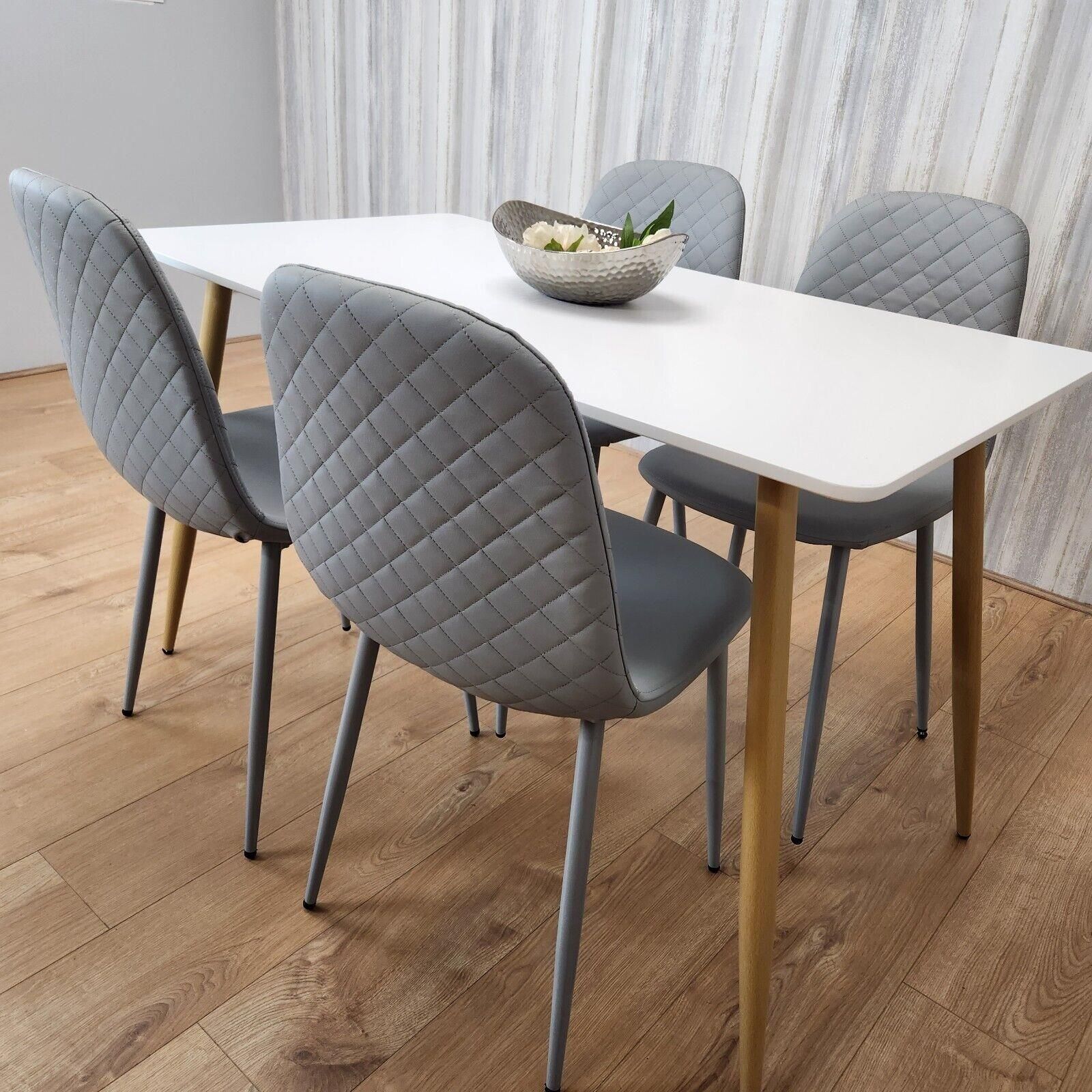 KOSY KOALA Modern Rectangle White Dining Table Set With 4 Grey Gem Pattern Chairs Dining Room Furniture
