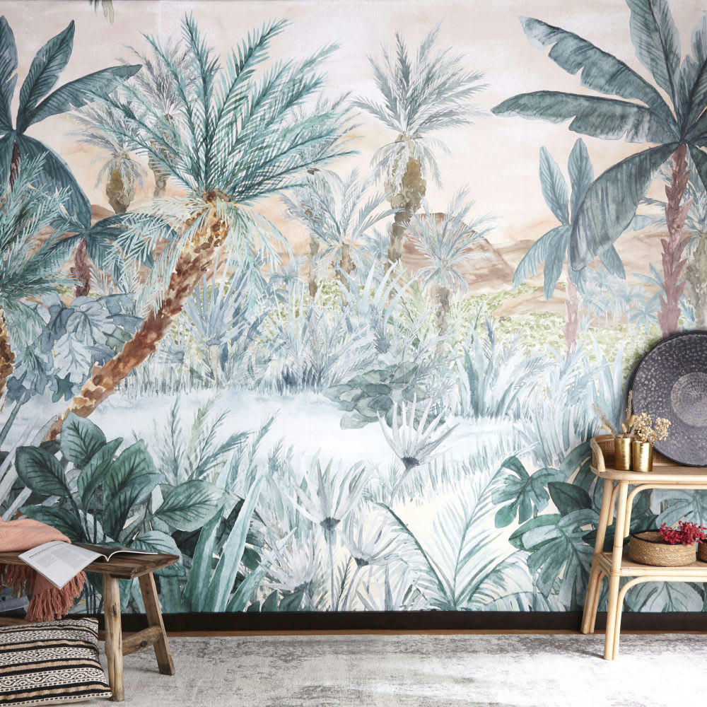 TANGER - Papier peint panoramique intissé imprimé jungle verte, rose et marron 300x384