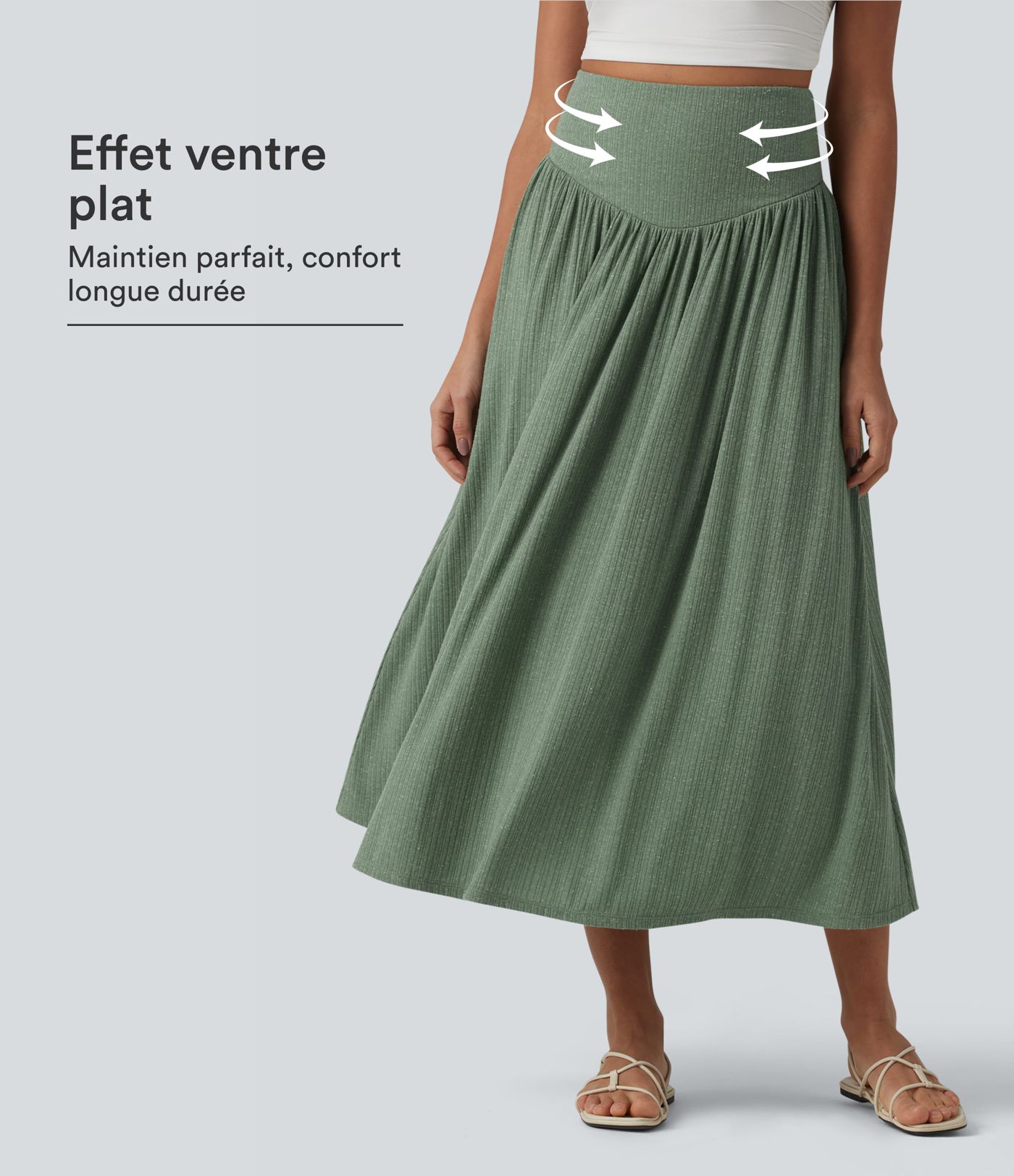 Jupe midi fluide casual taille haute ventre plat en maille côtelée mélange lin
