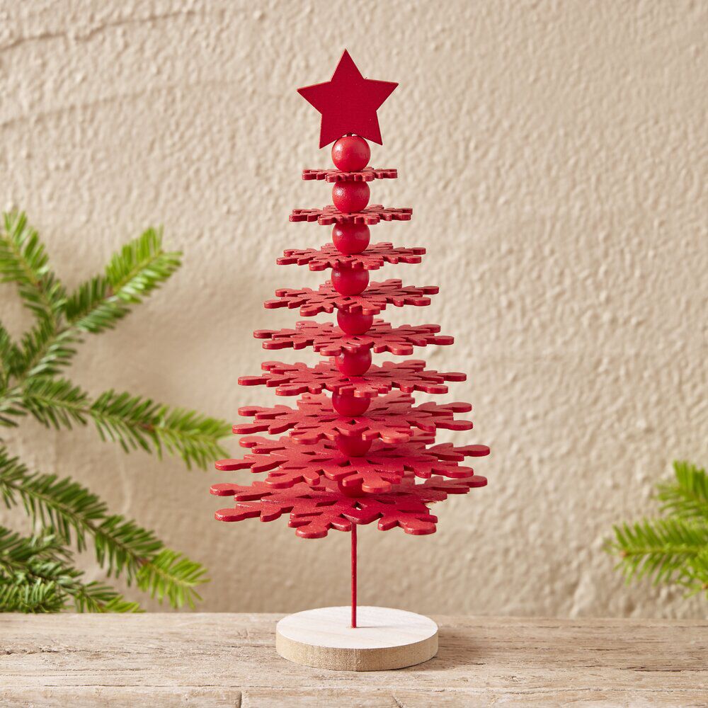 Décoration No&euml;l sapin à poser rouge sur socle bois Ø10xH25cm