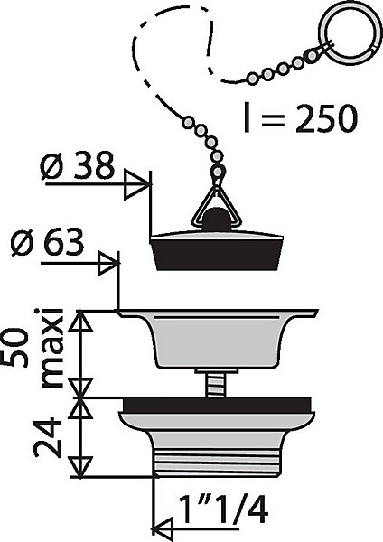 Bonde de lavabo laiton avec bouchon noir D40 chromé - VALENTIN - 00 115300 000 00