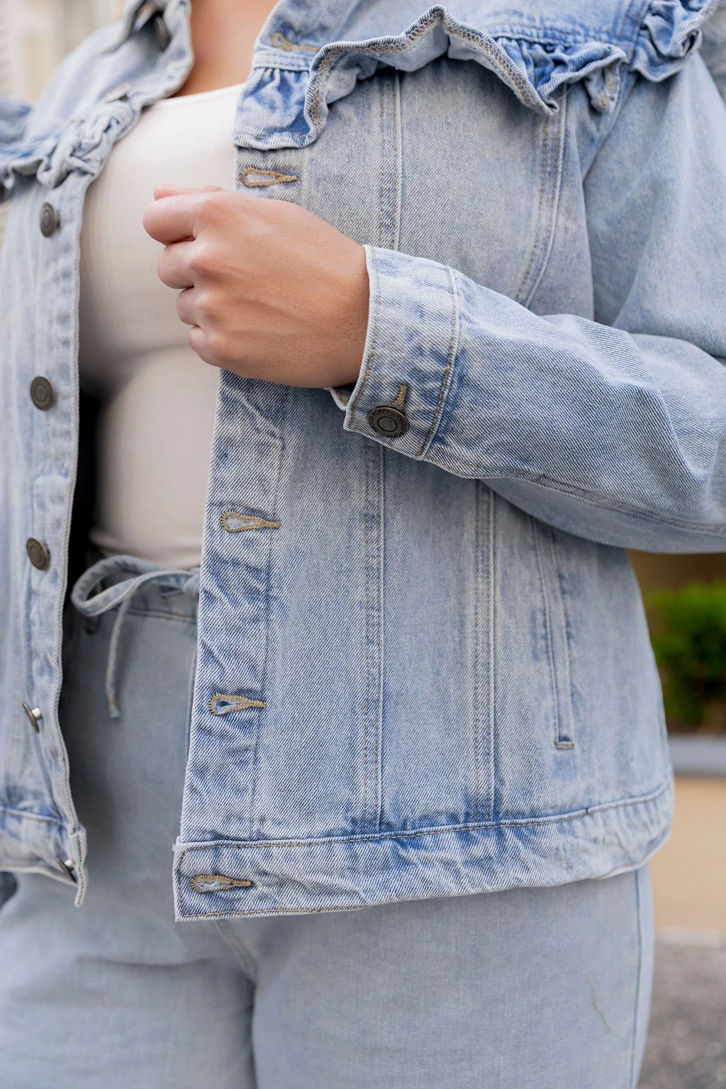 Tessa Ruffle Denim Jacket in Light Blue Wash
