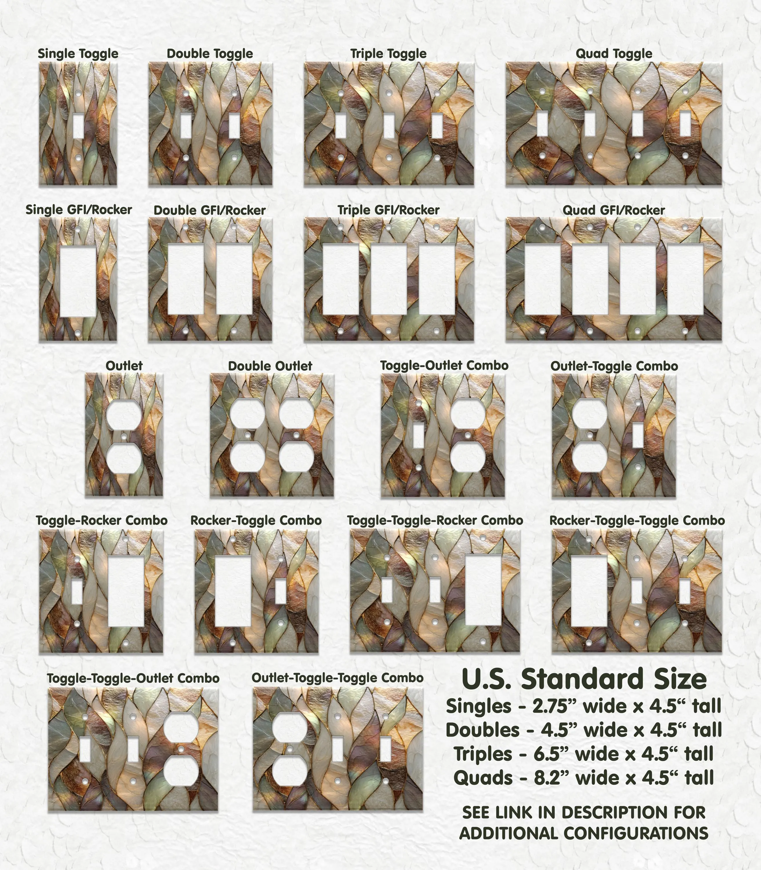 Stained Glass Design Leaf Pattern Metal Light Switch Covers, Outlet Covers, Decorative Gray Wall Plates, Receptacle Covers, Duplex Covers