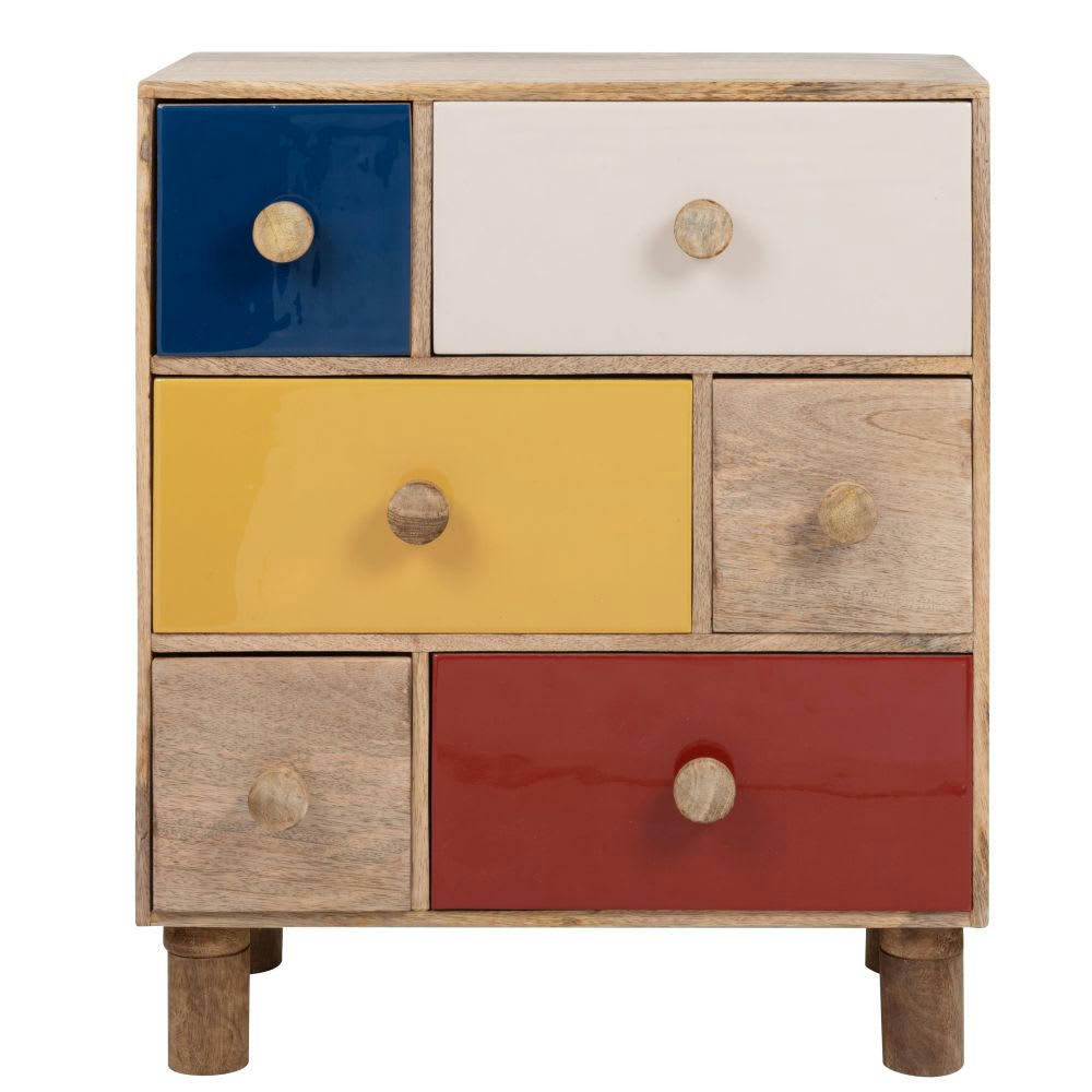 - Petit meuble de rangement 6 tiroirs en bois de manguier multicolore