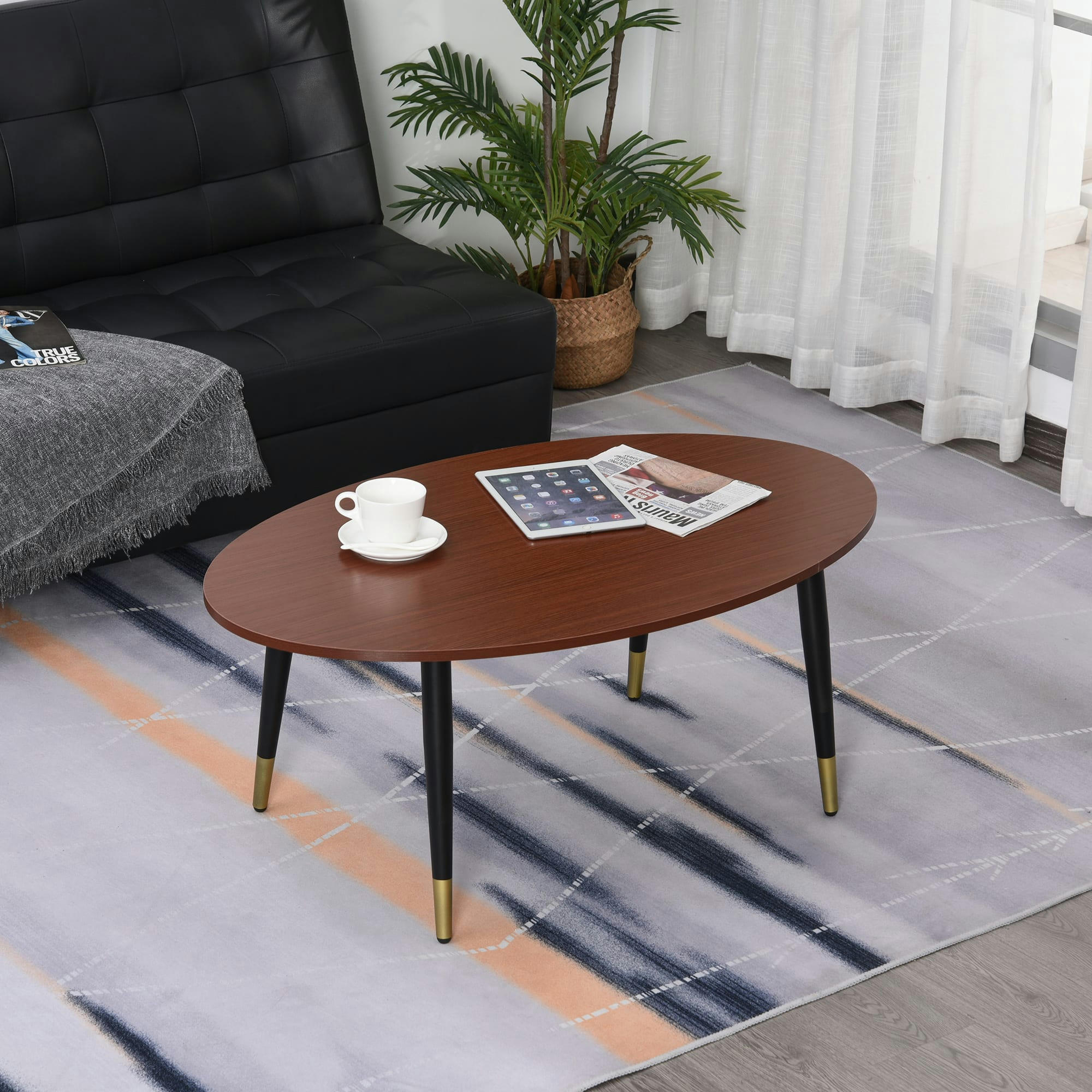 - Table basse ovale style néo-rétro bas pieds dorés aspect teck foncé