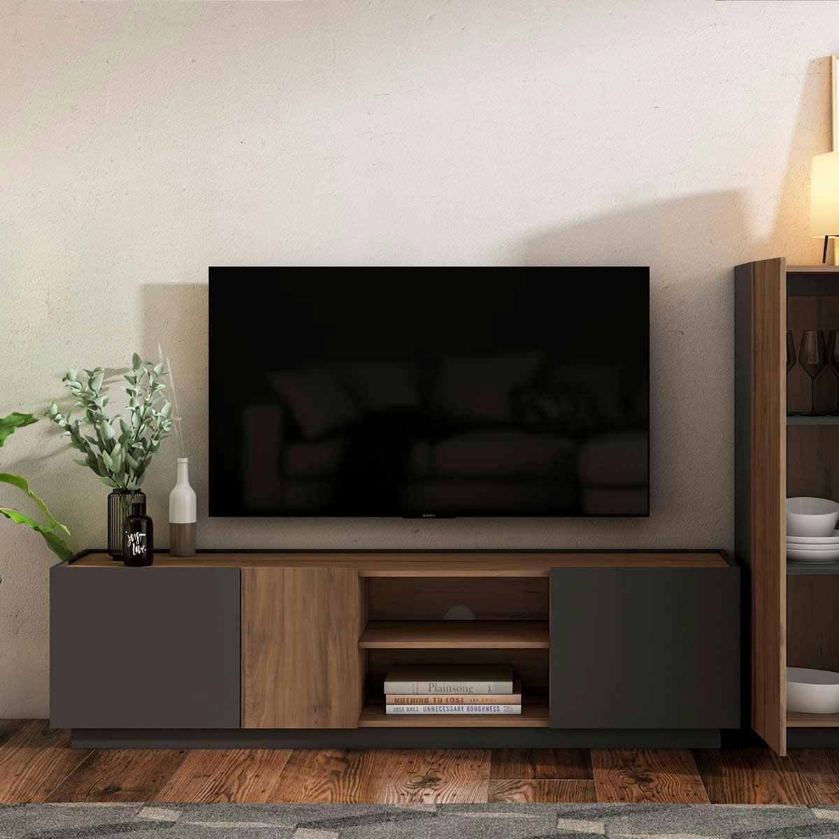 JOSIE - Meuble TV 3 portes gris anthracite et effet bois 180 cm