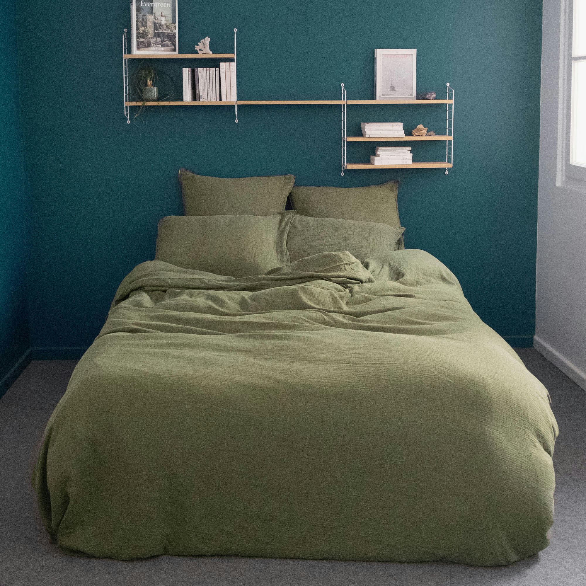 - Housse de couette en double gaze de coton vert câpre 220x240 cm