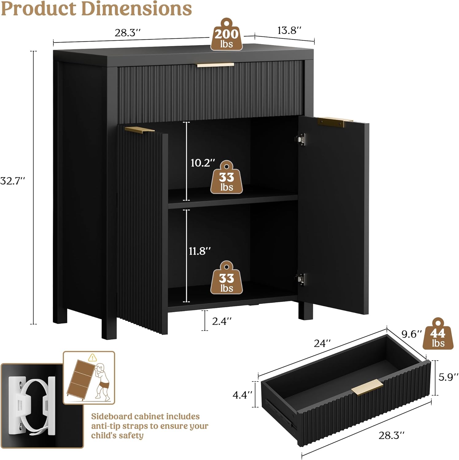 Lulive Black Fluted Storage Cabinet with Drawers Buffet Sideboard Cabinet with Adjustable Shelves for Kitchen Living Room, Kitchen, Entryway