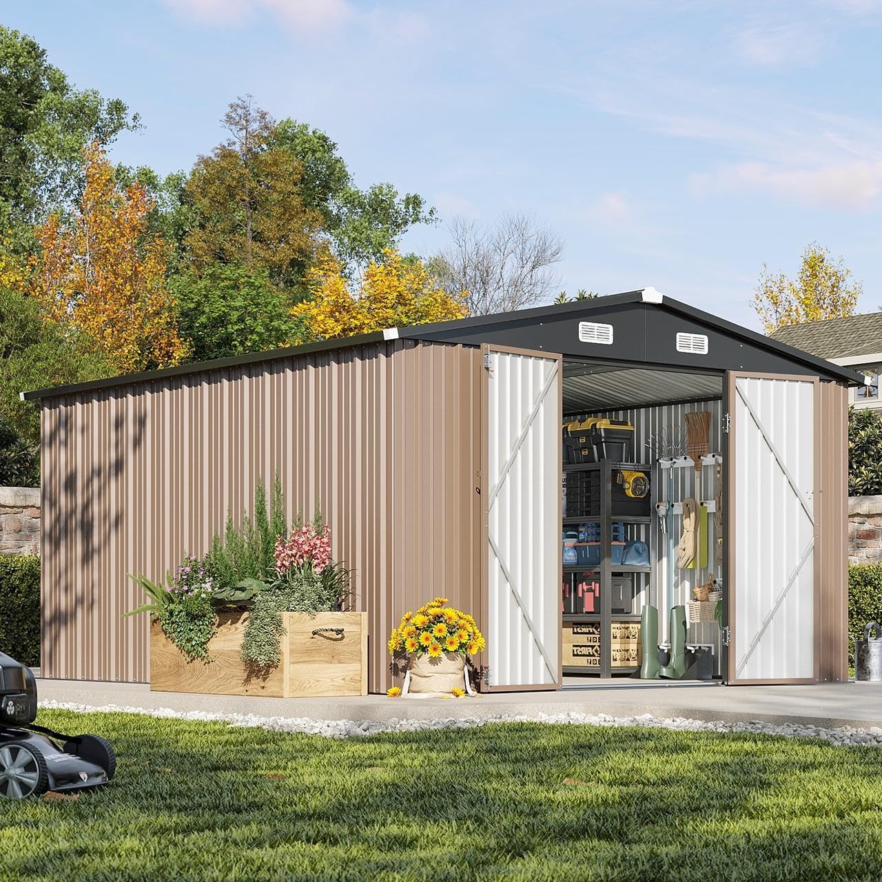 Aoxun 10 x 12FT Outdoor Storage Shed with Double Hinged Large Door Utility Garden Shed with Lockable Door & Sloped Roof Metal Sheds Outdoor Storage for Garden  Backyard  Patio and Backyard  Brown