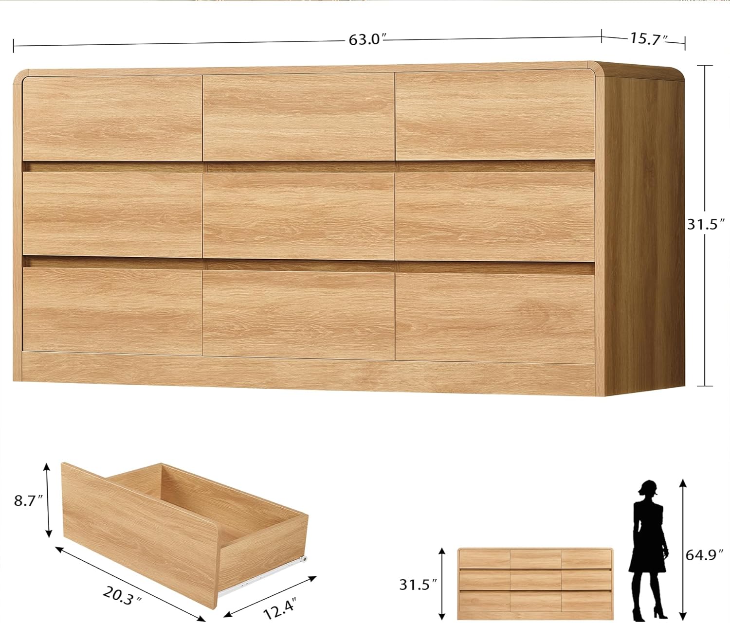TEENFON 9 Drawer Dresser for Bedroom, 63 Wide Dressers & Chest of Drawers with Curved Profile Design, Wood Closet Storage Dressers Organizer for Bedroom, Living Room, Natural