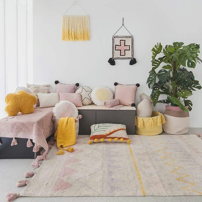 INDIEN - Tapis coton motif indien beige rose 140x200