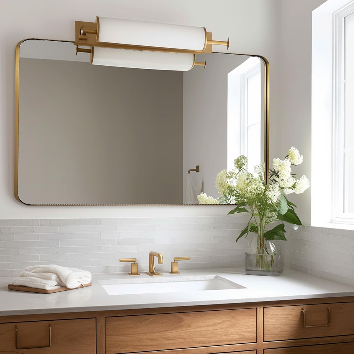 ANDY STAR 30x48 Brass Gold Bathroom Mirror, Large Wall Mirror for Bathroom, Rounded Rectangle Mirror in Premium Stainless Steel Metal Frame Hangs Horizontal Or Vertical (Brushed Gold)