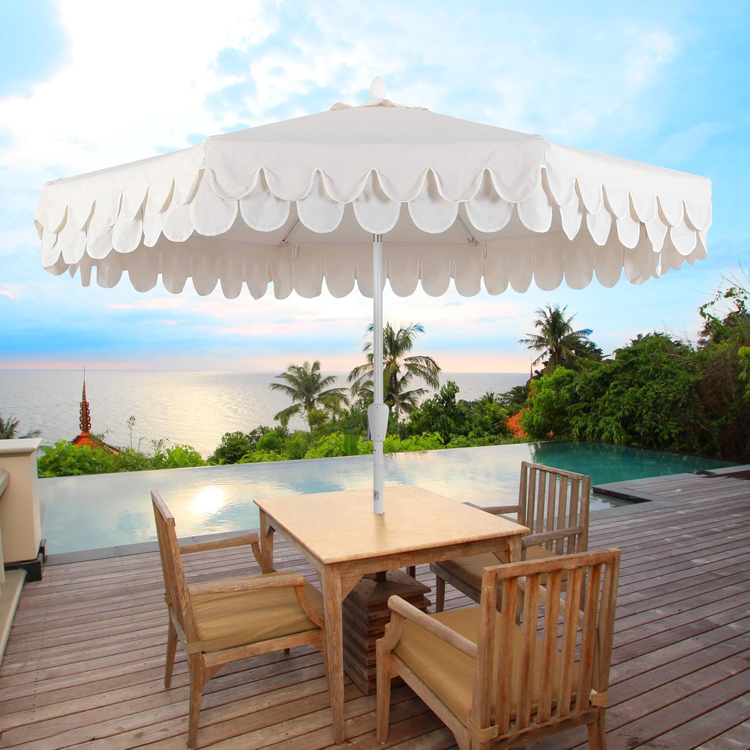 JONATHAN Y UMB1002C Tracy 9 ft. Classic MidCentury Scalloped Fringe Market Patio Umbrella with Auto-Tilt  Crank  Wind Vent and UV Protection in Cream/White