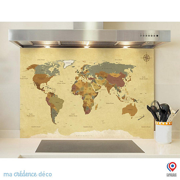 Crédence cuisine fond de hotte Carte du monde - Verre trempé - L 90 cm x H 60 cm - MaCrédenceDéco