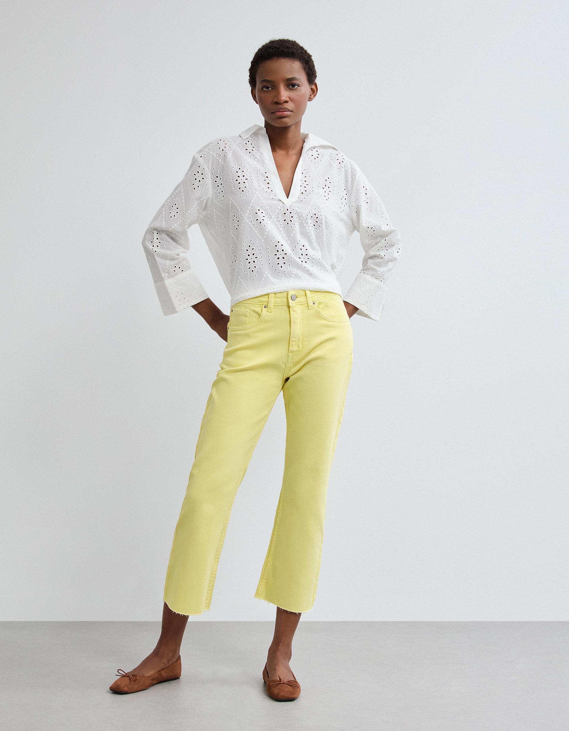 Calças de Ganga 'Straight Cropped', Mulher, Amarelo Claro