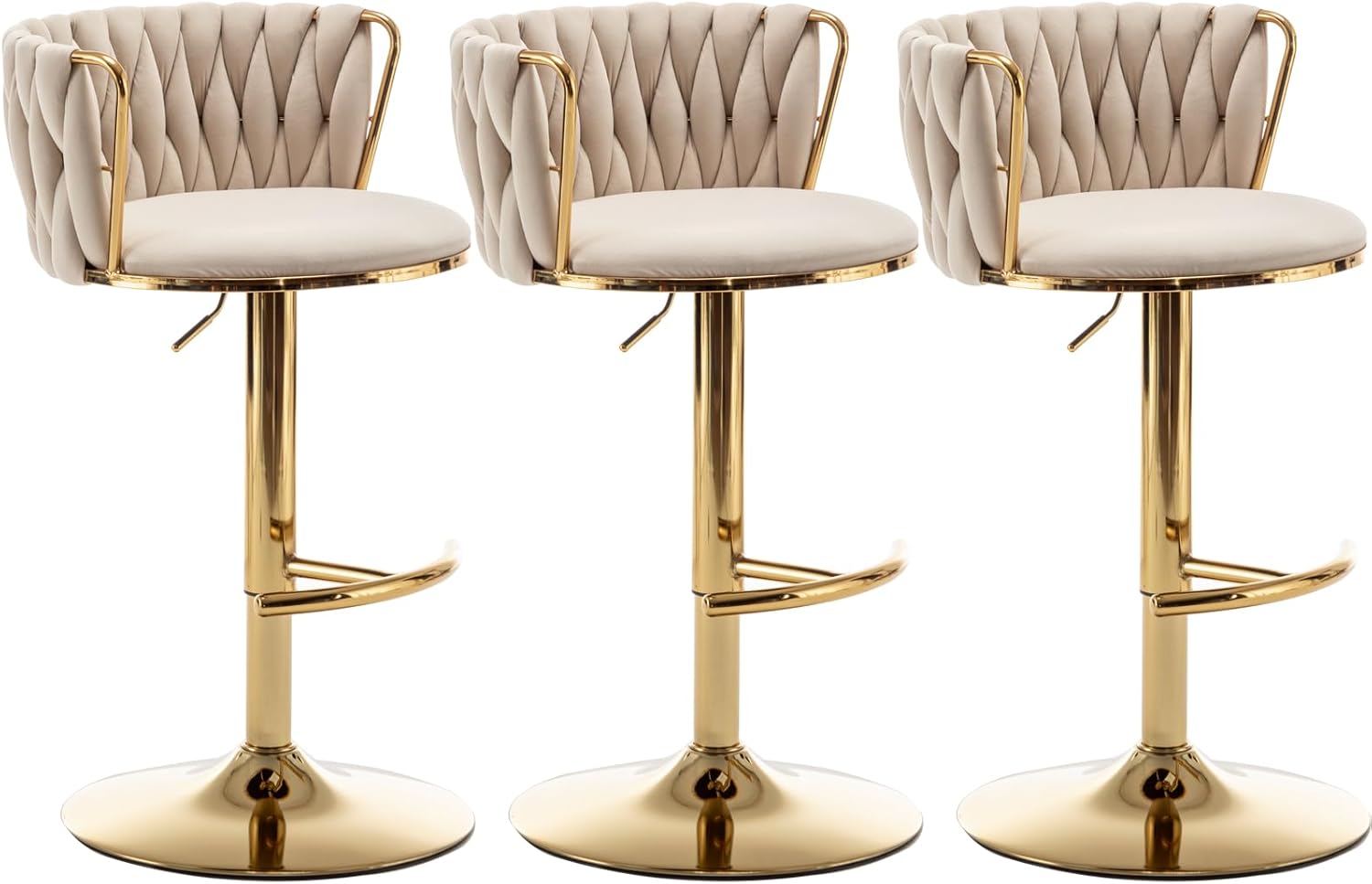 Velvet Bar Stools Set of 3, Counter Height Bar Chairs with Low Back, Gold Swivel Bar Stools for Kitchen Island, Pub (Beige)