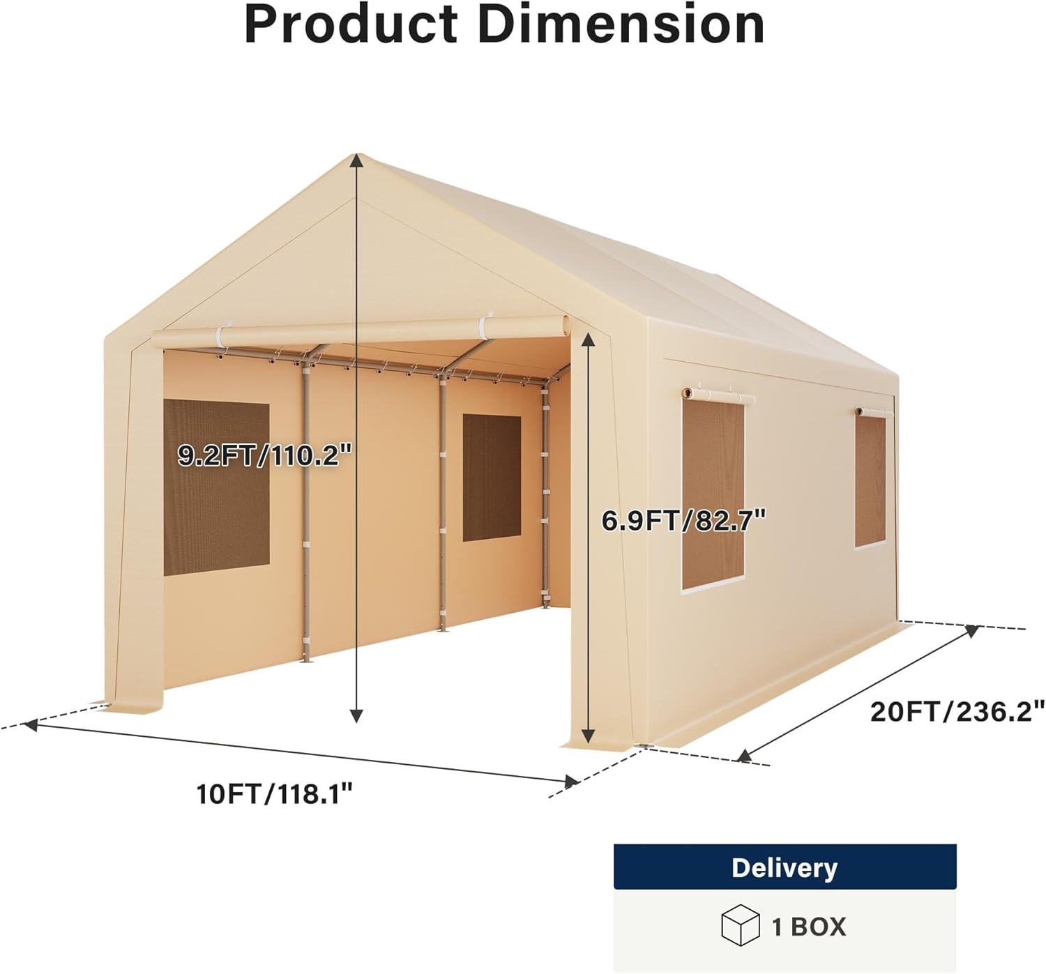 LAUSAINT HOME 10x20FT Carport, Heavy Duty Car Canopy with Roll-up Windows, Garage Storage Tent Shelter with Removable Sidewalls & Doors, for Boat, Car, Truck, Khaki