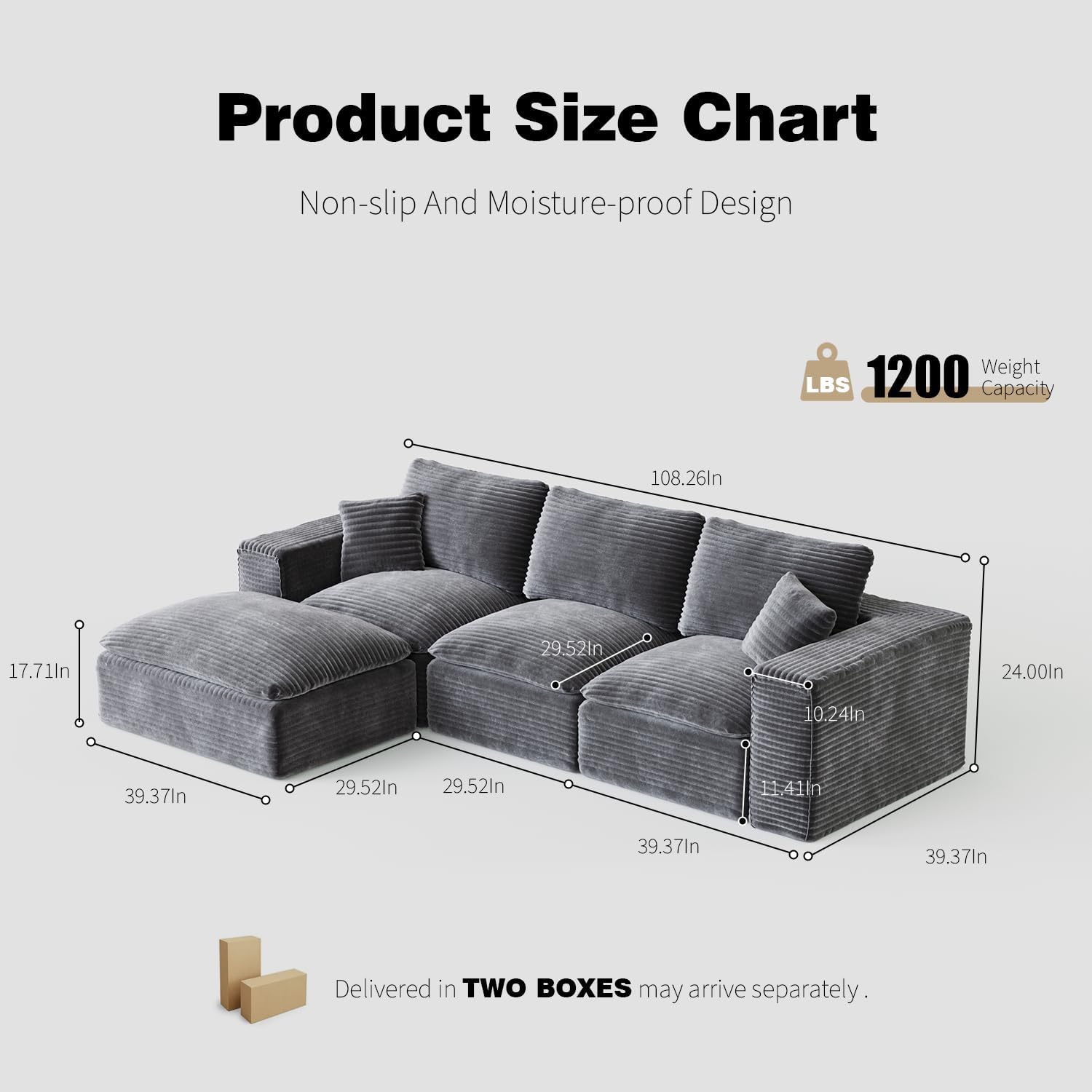 108 Plush Corduroy L Shaped Sectional Cloud Sofa Couch with Ottoman, Soft Deep Seat Modular Sectional Couches for Living Room,No Assembly. Grey