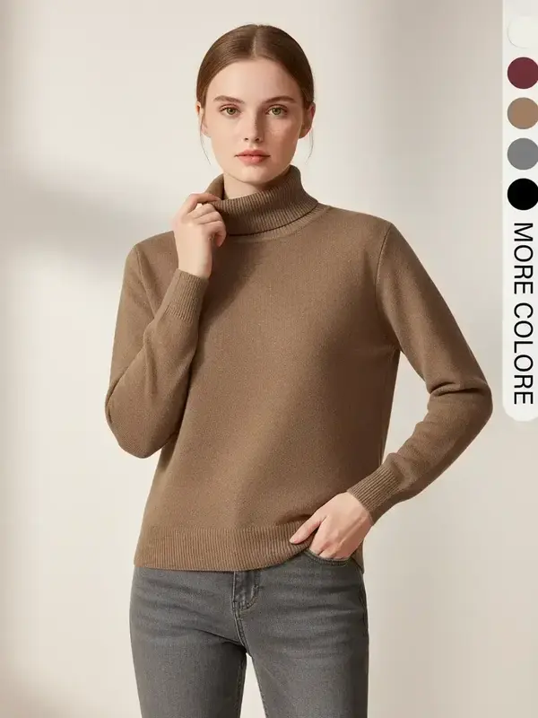 Women's Solid Thermal-Lined Drop- Shoulder High Neck Sweater, Casual Long Sleeve Jumper For Daily Outdoor Wear, Women's Knit Top for Fall & Winter