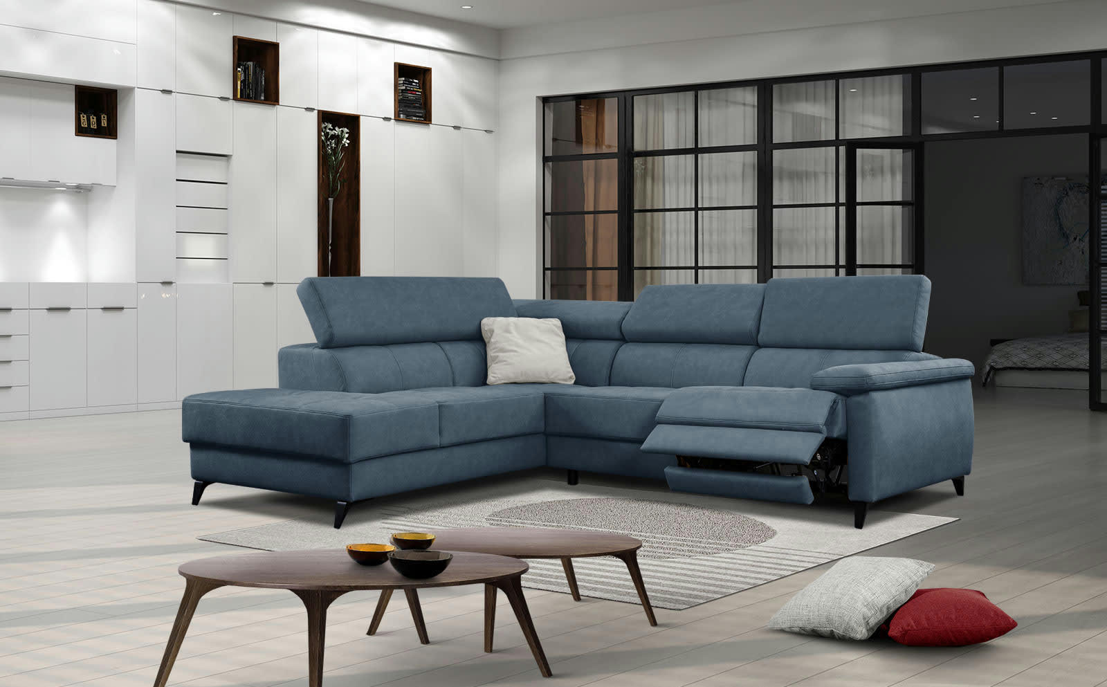 TAUNUS - Le canapé d'angle gauche 5 places bleu avec une relaxation