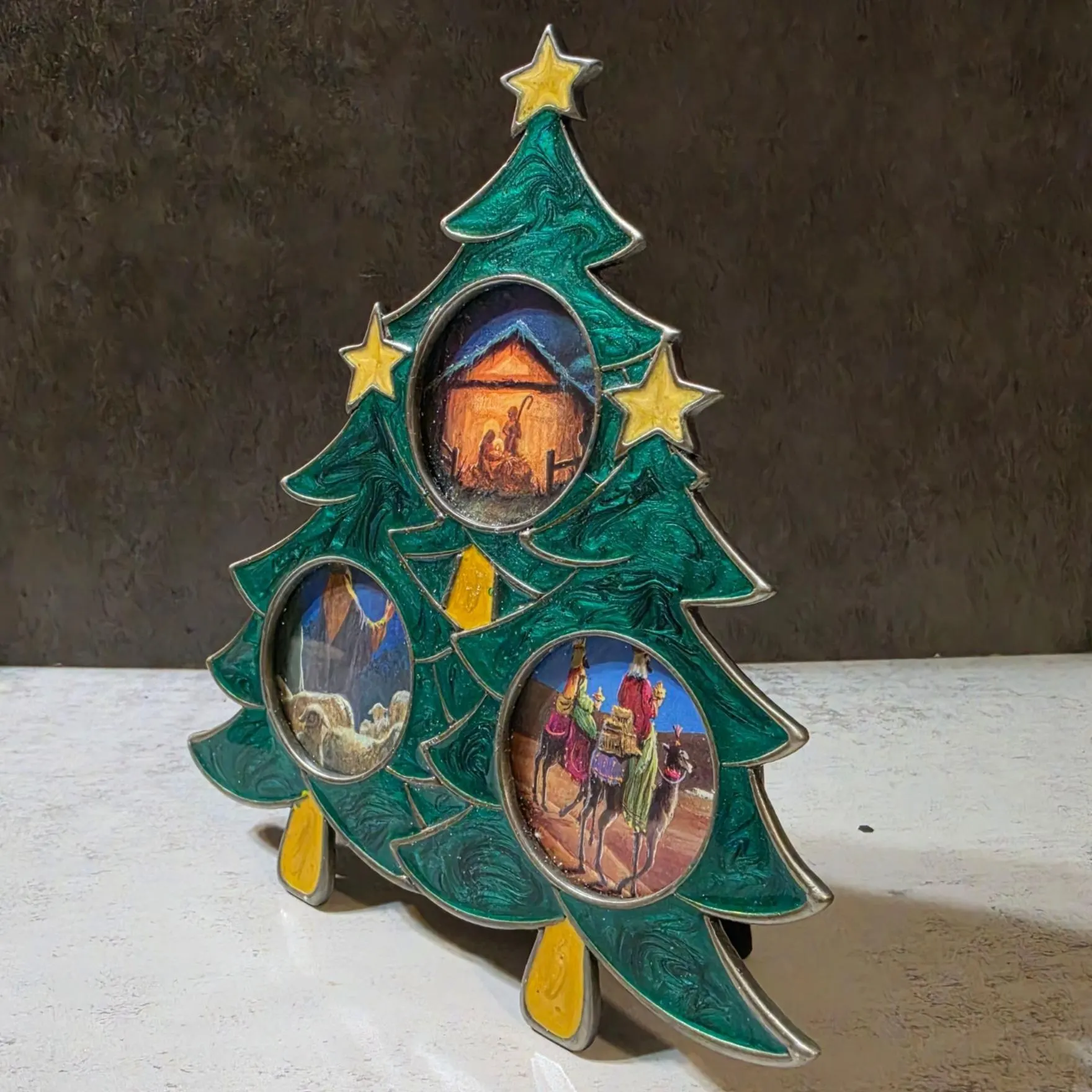 Vtg Enameled Christmas Tree Triple Photo Frame Nativity Circa 2000