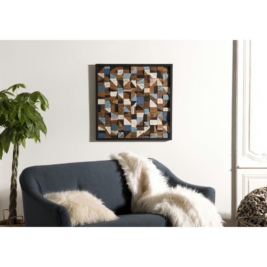 SUZY - Décoration murale carrée mozaïc bois teck recyclé multicolore 73x73