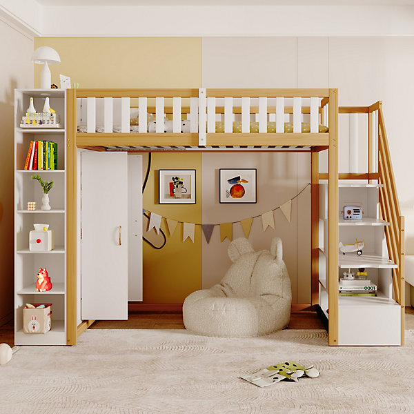 Lit Mezzanine 90x200 cm - Lit Simple avec Escalier Sécurisé, Armoire et étagères de Rangement, Pin et MDF, Blanc et Bois Naturel