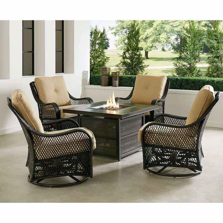 Orleans 5-Piece Steel Patio Fire Pit Conversation Set with Navy Blue Cushions, Swivel Gliders and Square Fire Pit Table