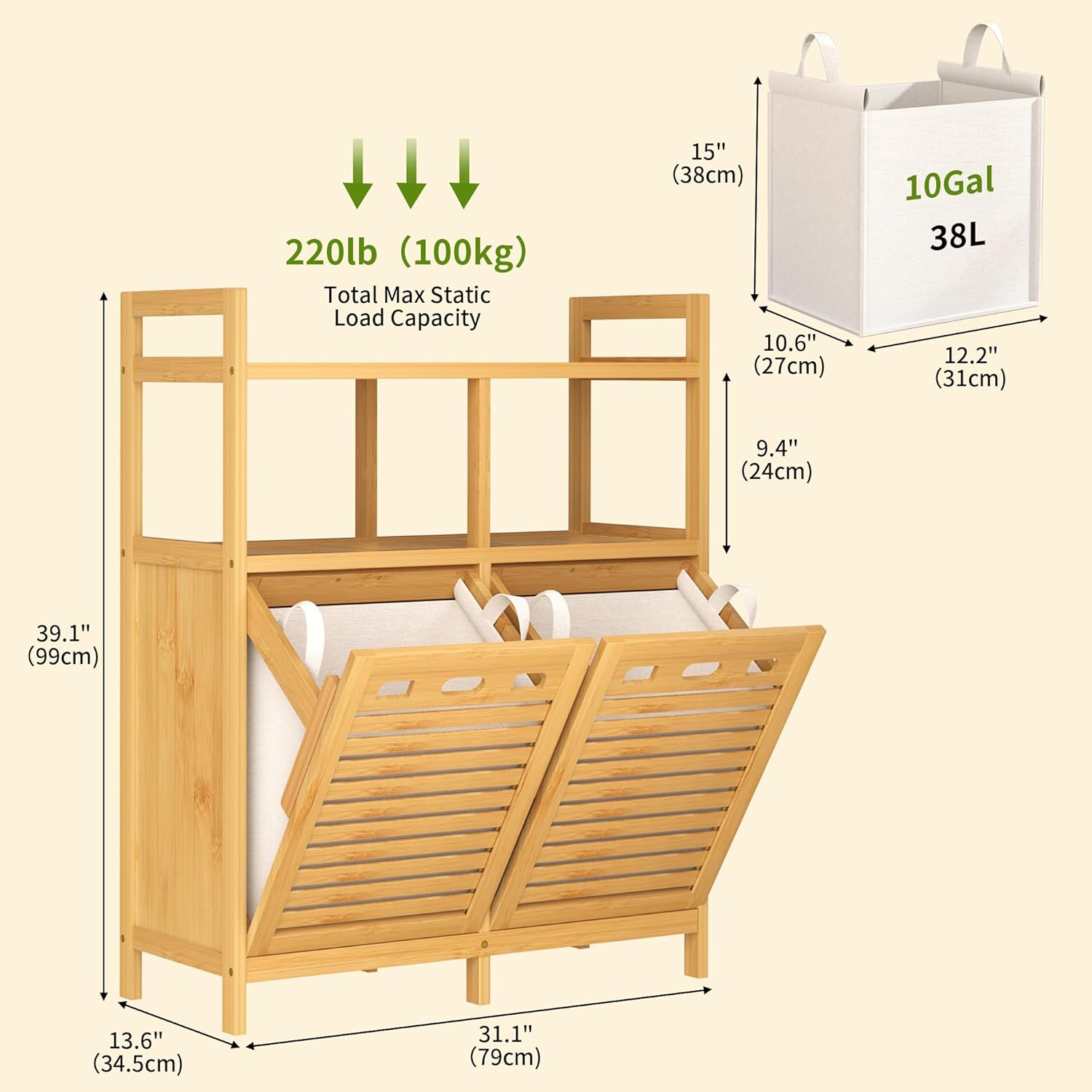 VASMIA Tilt Out Laundry Hamper Cabinet, Bamboo Double Laundry Hamper with 2 Removable Laundry Baskets, 20 Gal Laundry Sorter Organizer with Shelf for Dirty Clothes, Bathroom, Laundry Room, Natural