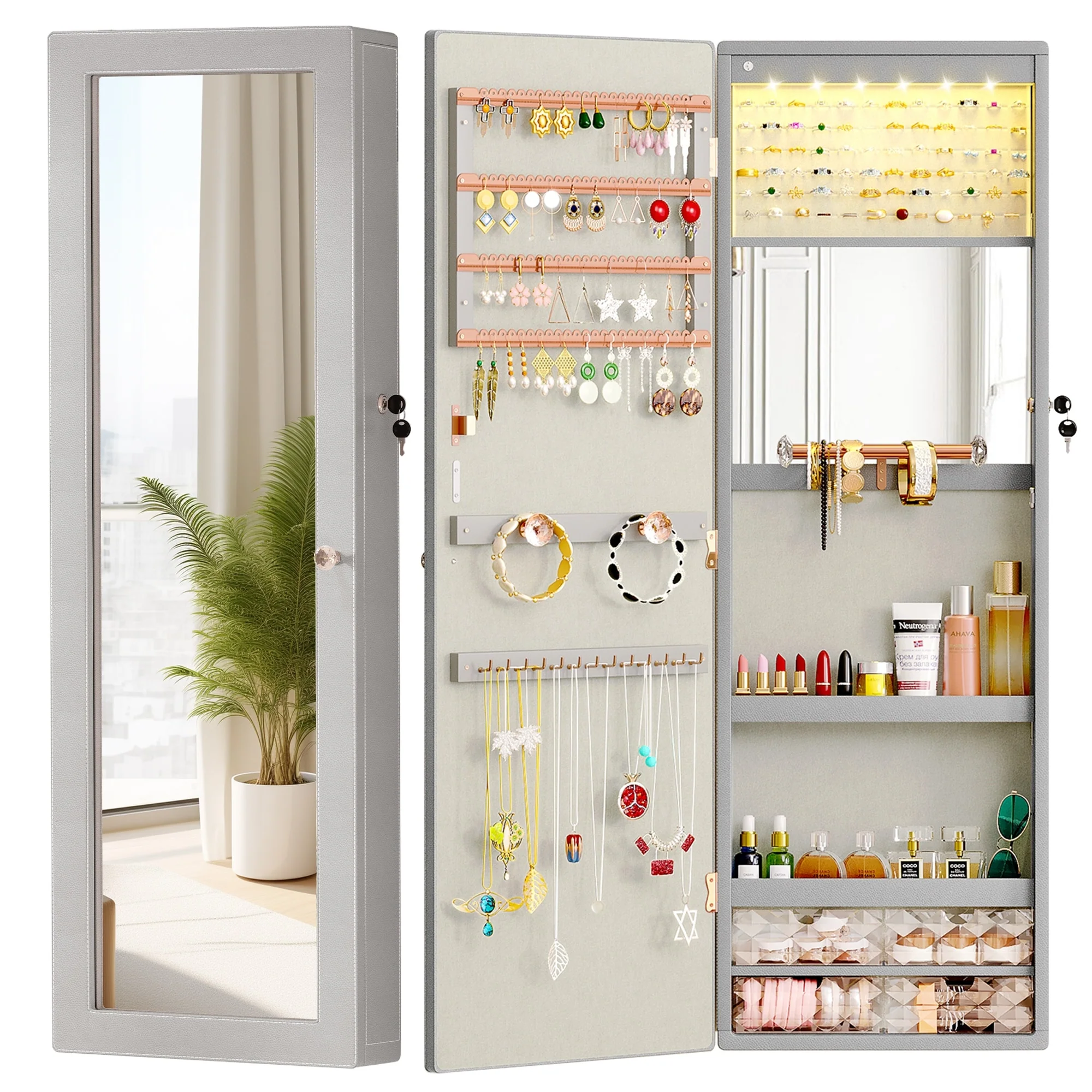 Moasis Wall Door Jewelry Armoire Cabinet with Mirror