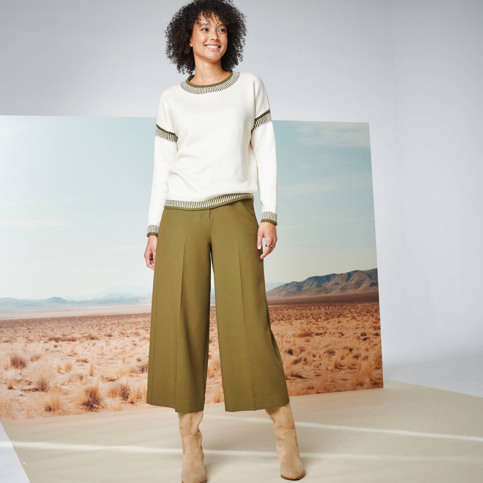 Pantalon taille haute, effet jupe-culotte