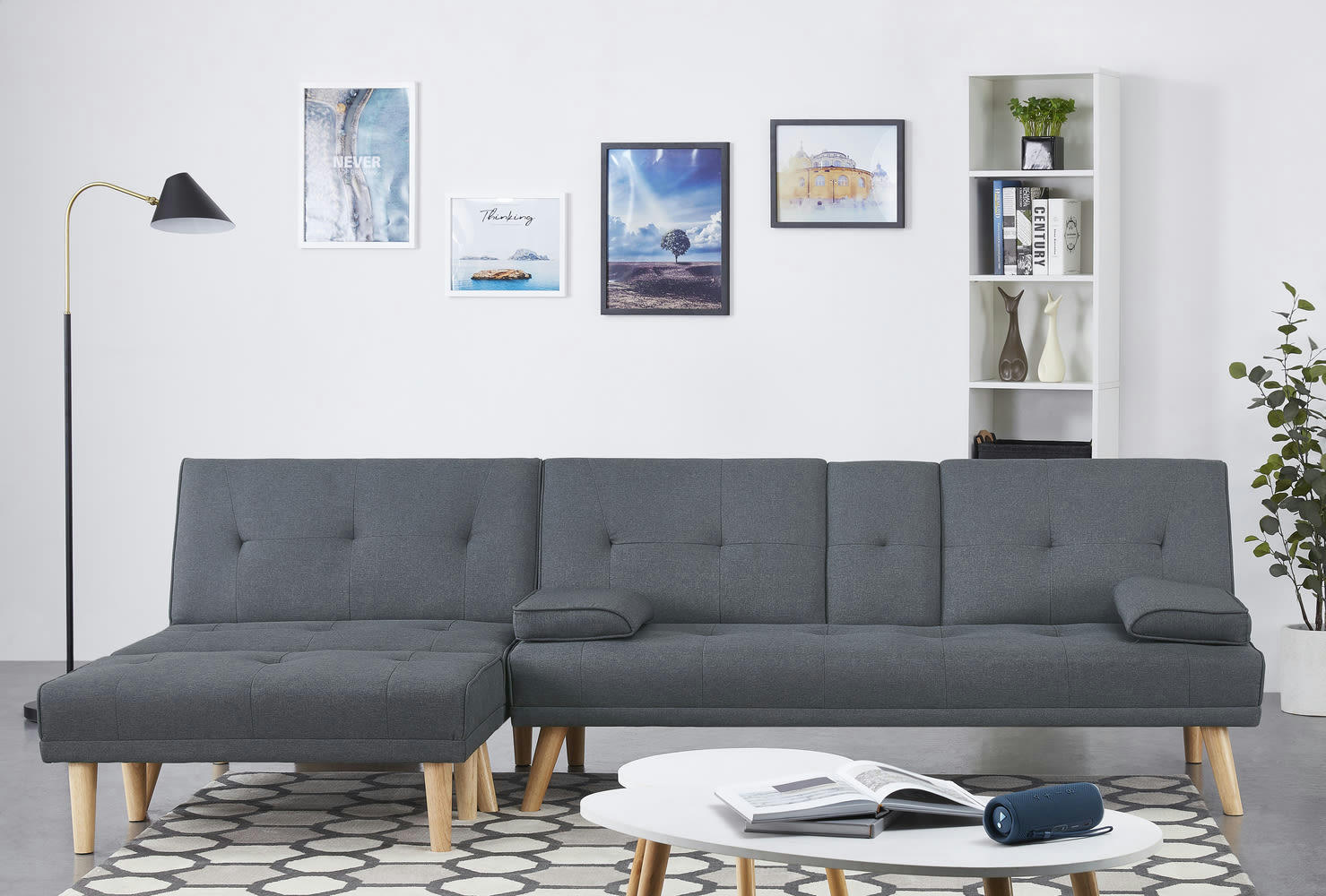 STOCKHOLM - Canapé scandinave convertible 5 places en tissu gris