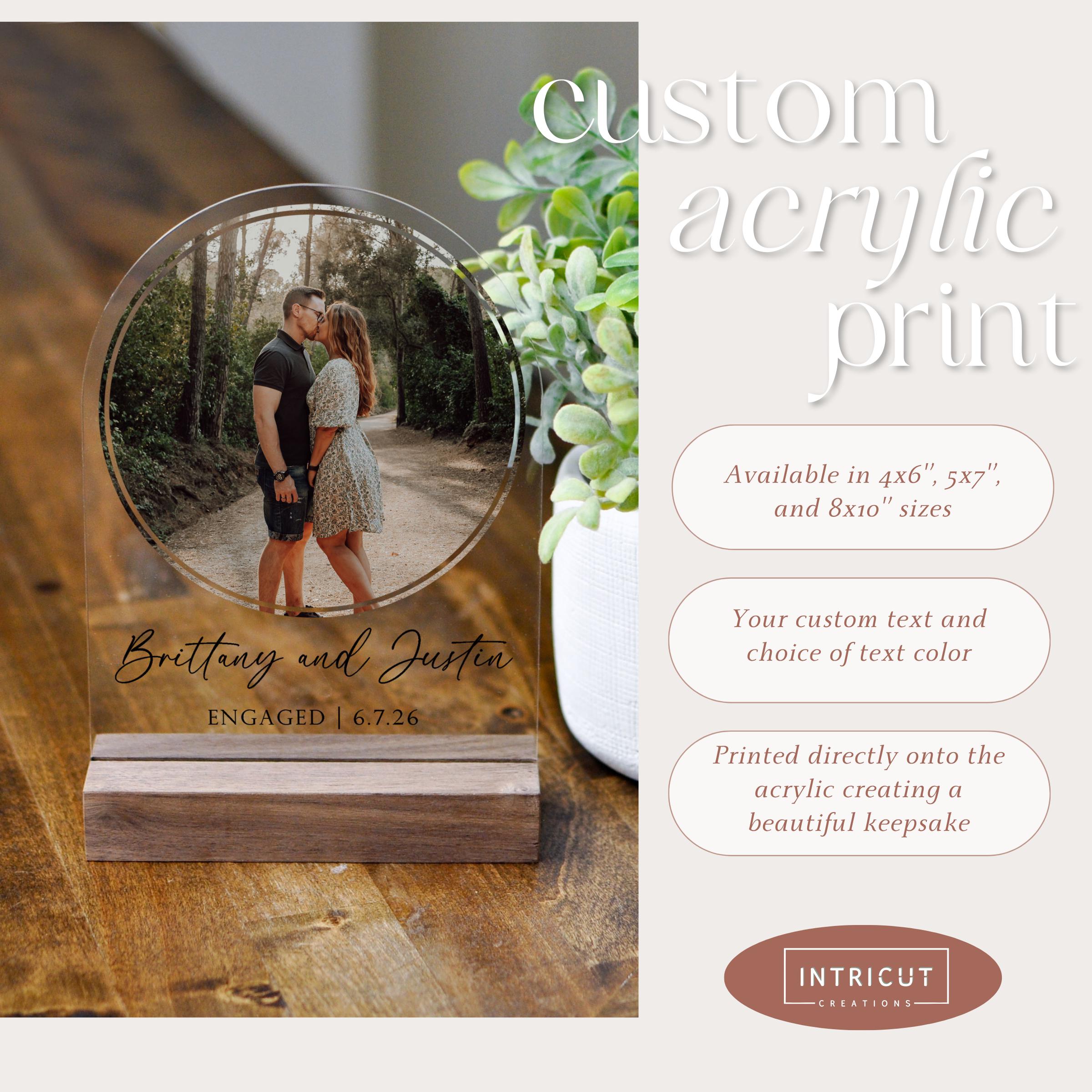 Custom Acrylic Arched Photo Print with Walnut Base: Personalized Couple Names & Engagement Date