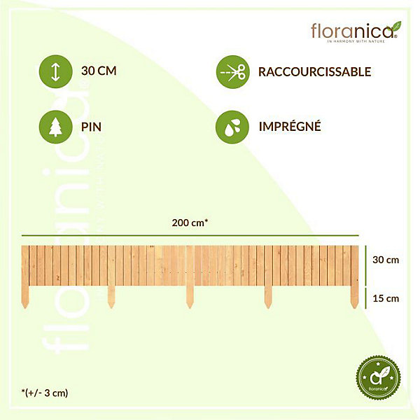 Floranica Bordure de jardin en bois flexible 30 x 200 cm Nature avec piquets, idéale pour délimiter pelouse et massifs de fleurs