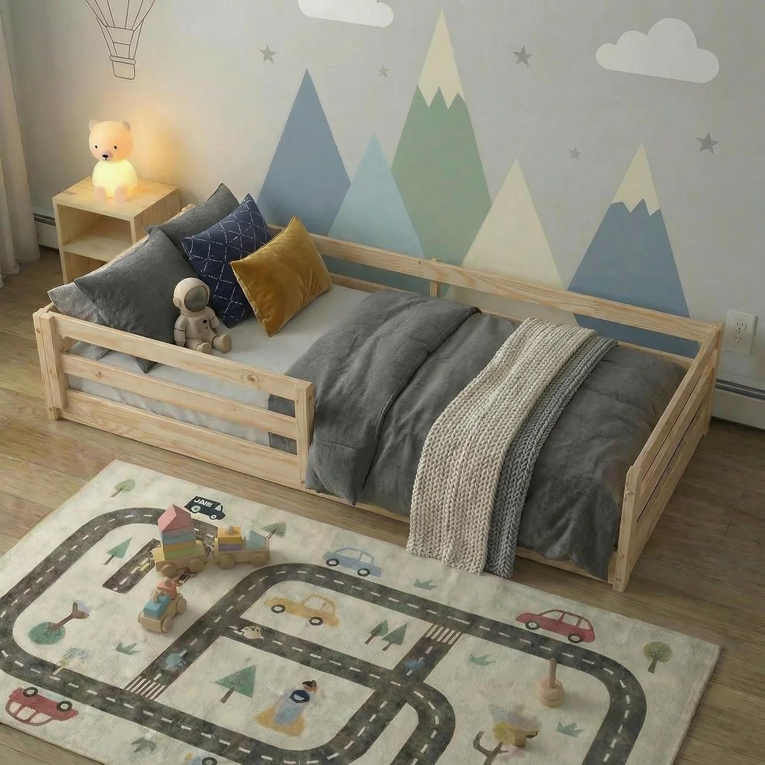 From the Tree Furniture Twin Size Floor Bed Frame, Solid Wood Montessori Bed for Toddlers & Kids, Low Platform Bed with Slats, Adult Weight Capacity, White or Unfinished (Unfinished)