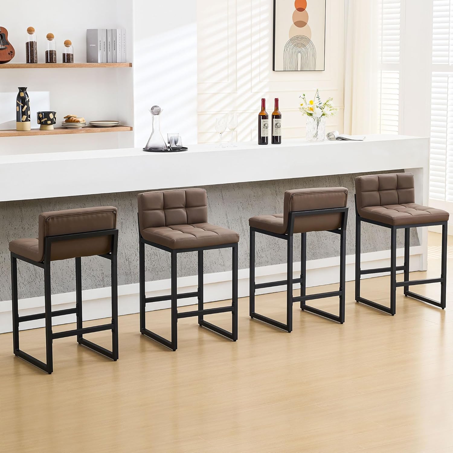 Counter Height Bar Stools Set of 4, Upholstered Barstools with Back, Bar Chairs with Thickened Metal Legs, PU Leather Counter Stools for Kitchen Island (Coffee Brown, 4Pcs 26 Counter Stools)