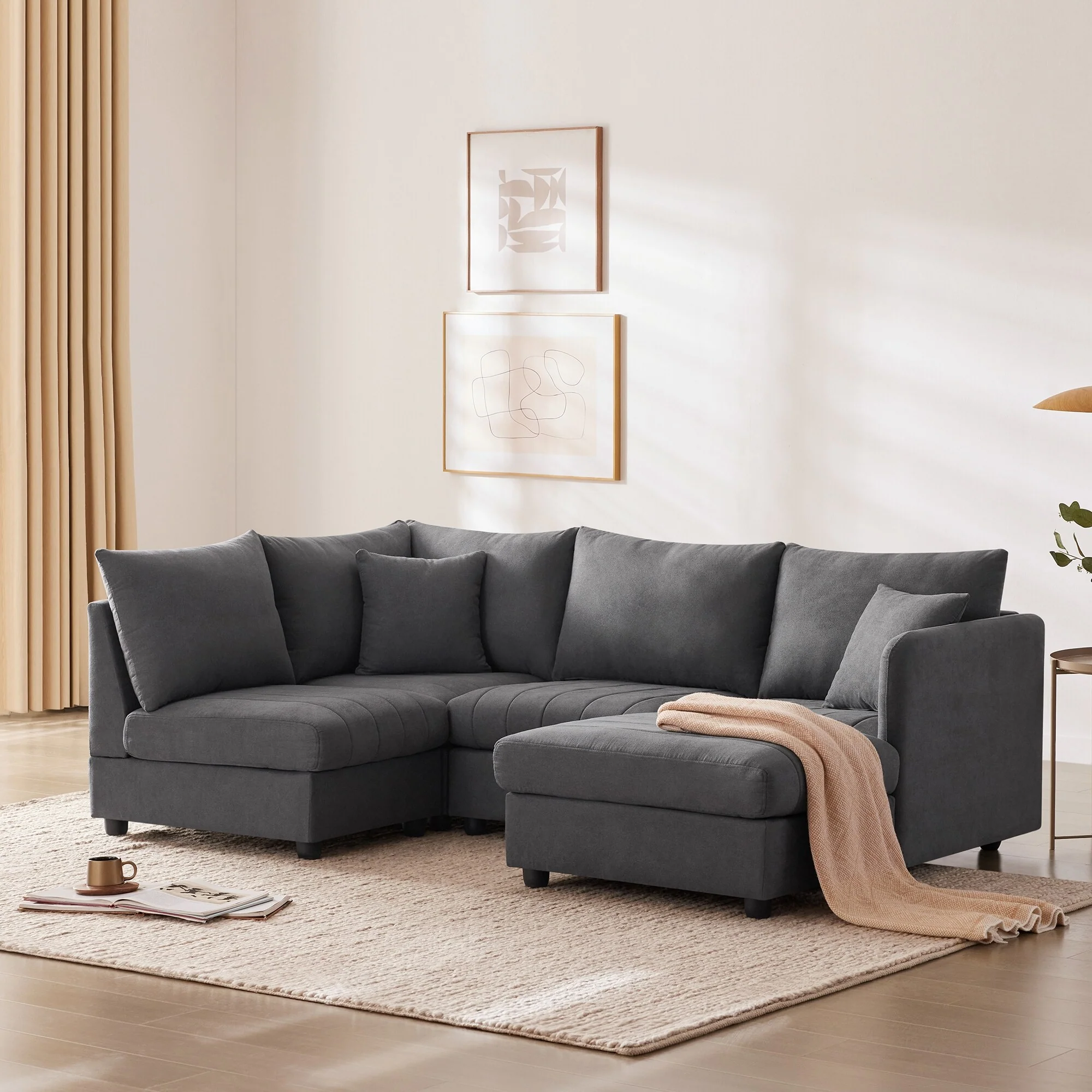 89 L-Shaped 5-Seat Sectional Sofa with Convertible Ottoman and 2 Pillows, Versatile Furniture for Living Room