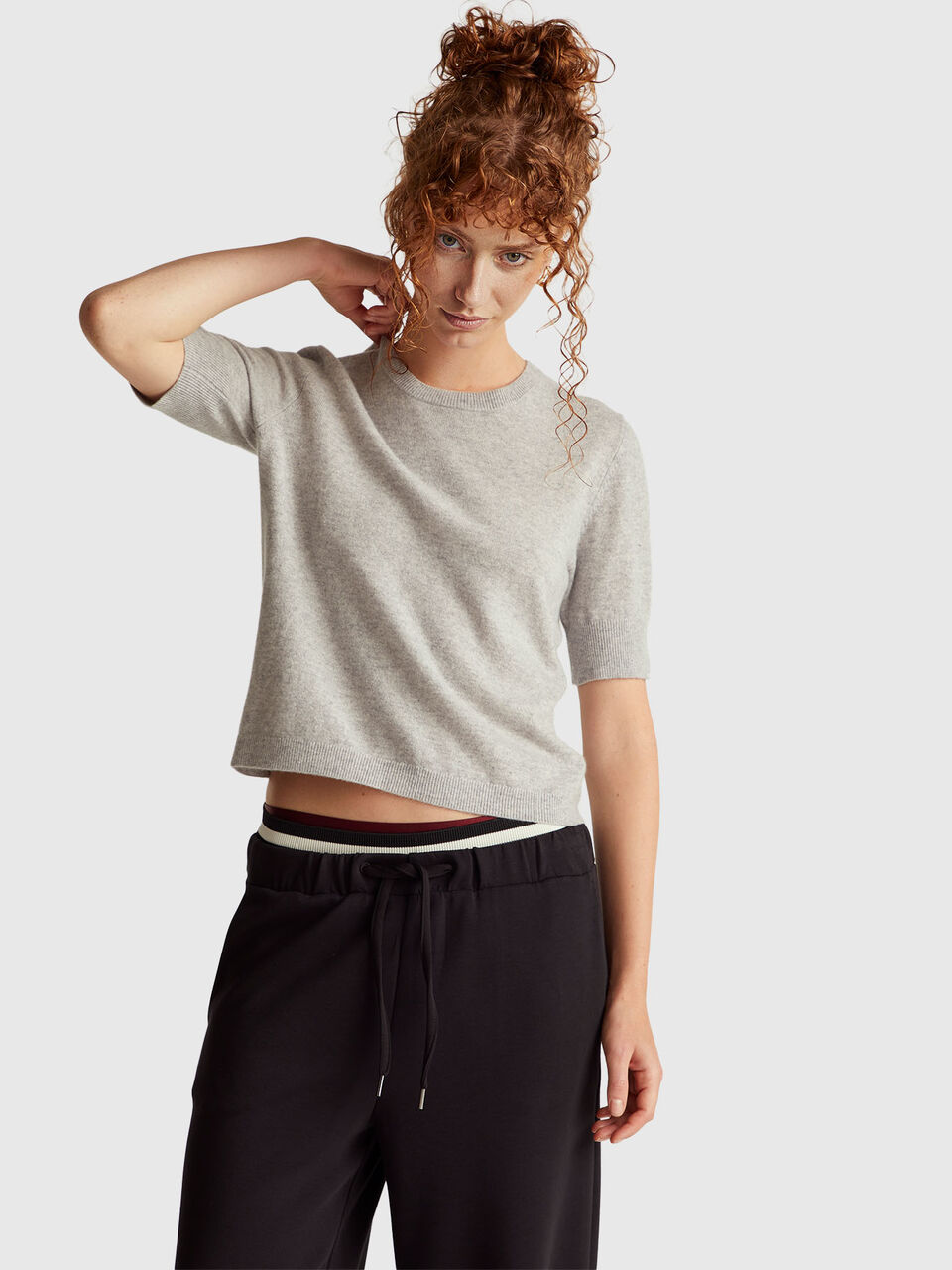Marl gray short sleeve sweater in pure Merino wool