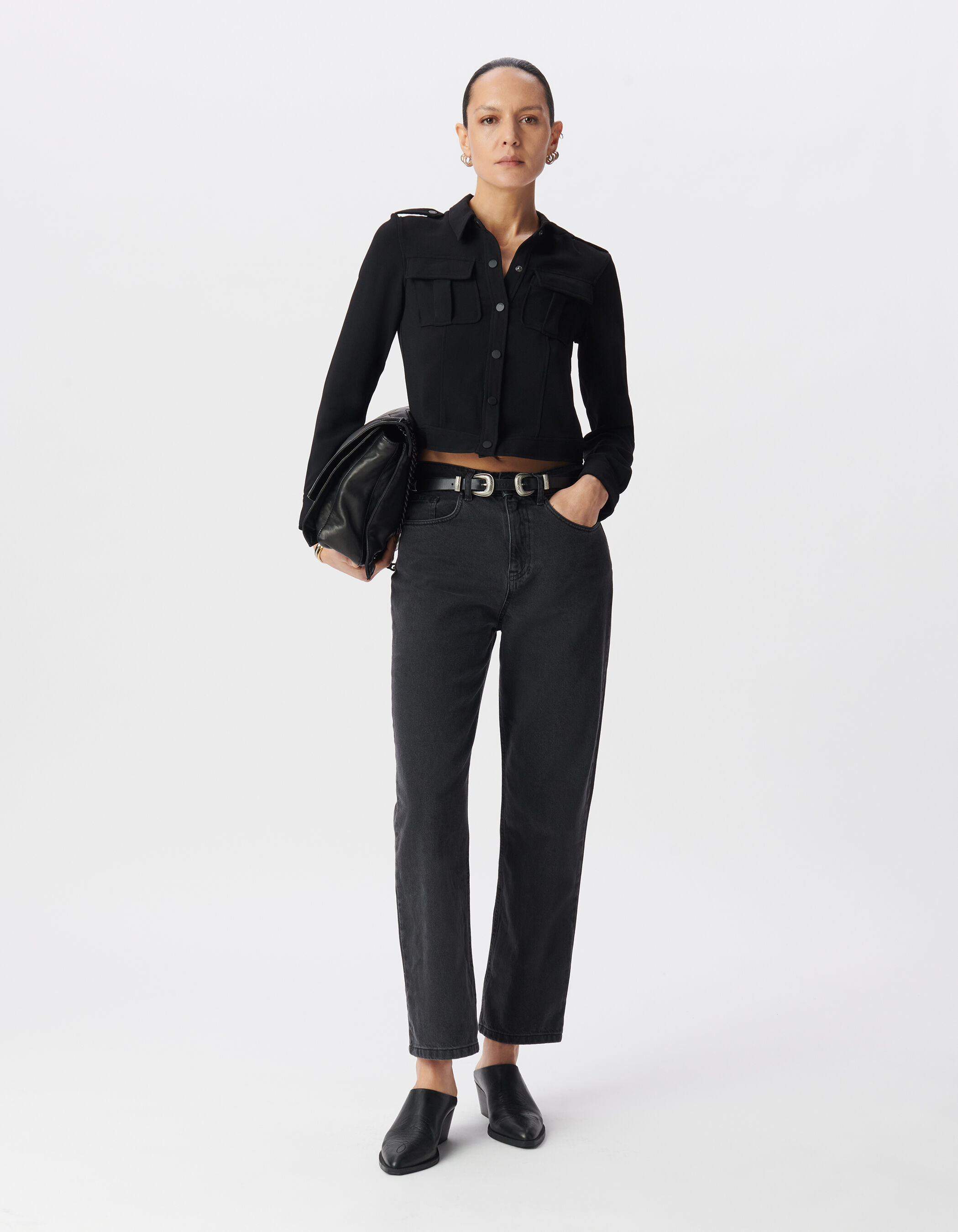 Chemise noire cropped poches poitrine Femme