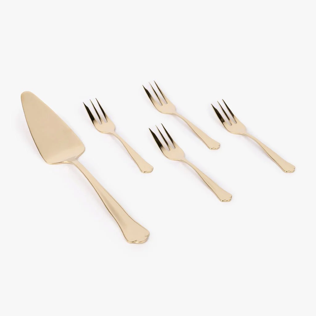 Conjunto 5 Talheres para Servir Bolo Aço Inox Dourado MARIE