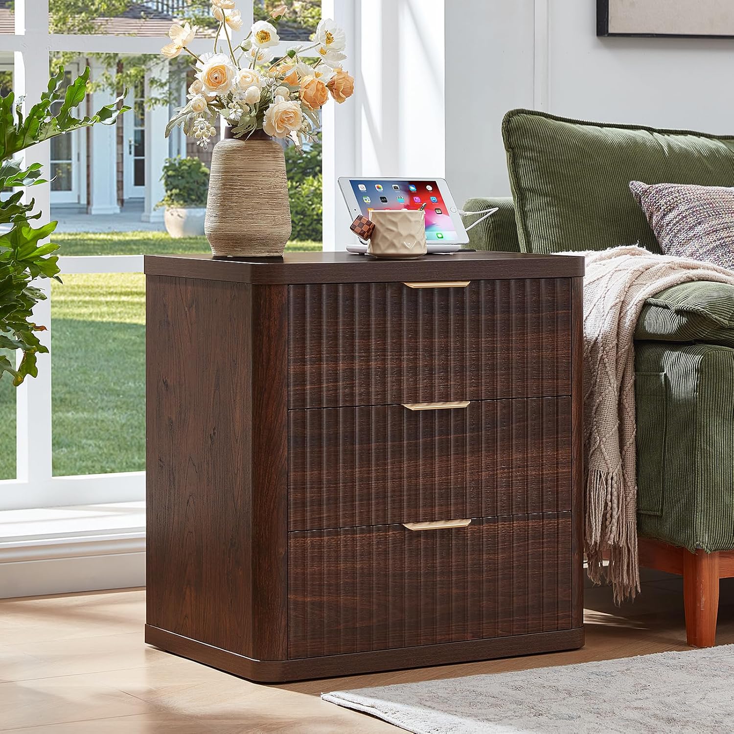 LEYAOYAO Fluted Farmhouse Nightstand Set of 2 with Charging Station, 23 Wide 3 Drawers Night Stand,Walnut Dresser for Bedroom,Bed Side Table Chest of Drawers,Wood End Table for Living Room