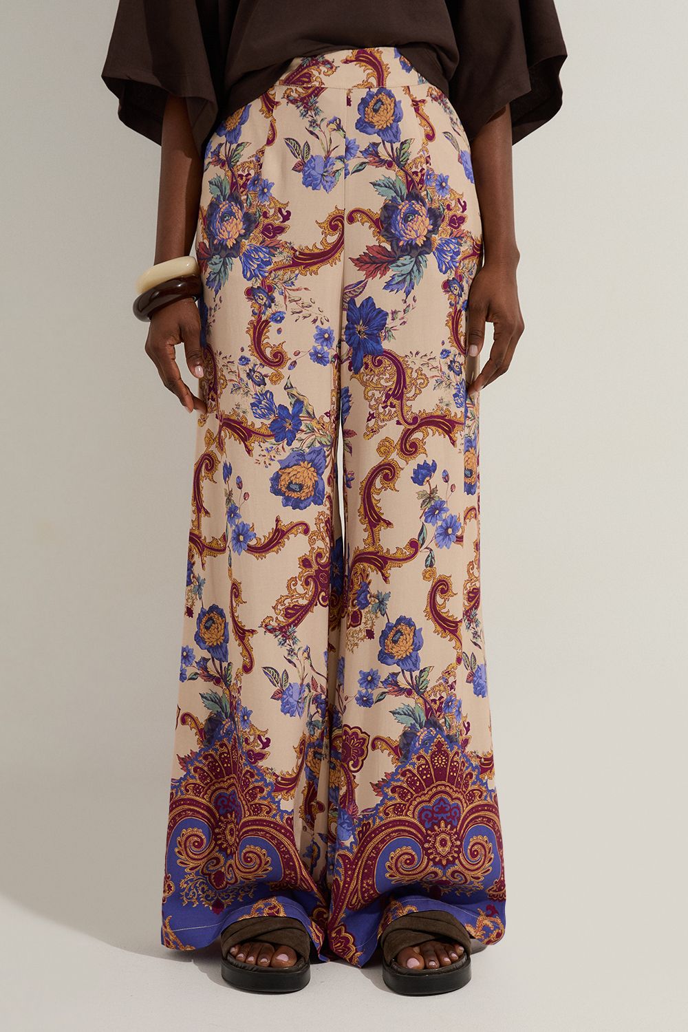 KarenMillen Premium Viscose Linen Paisley Border Print Woven Wide Leg Trouser