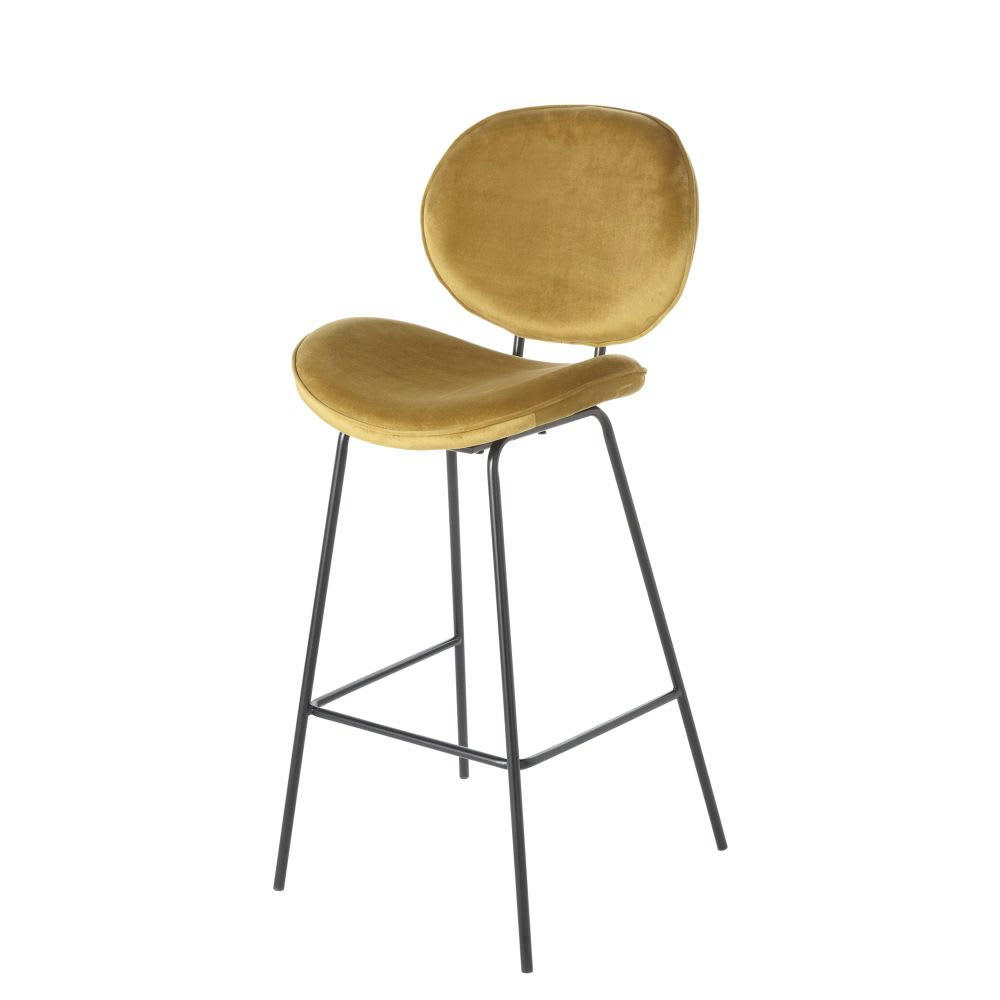 Luna - Chaise de bar en velours ocre et métal noir H73