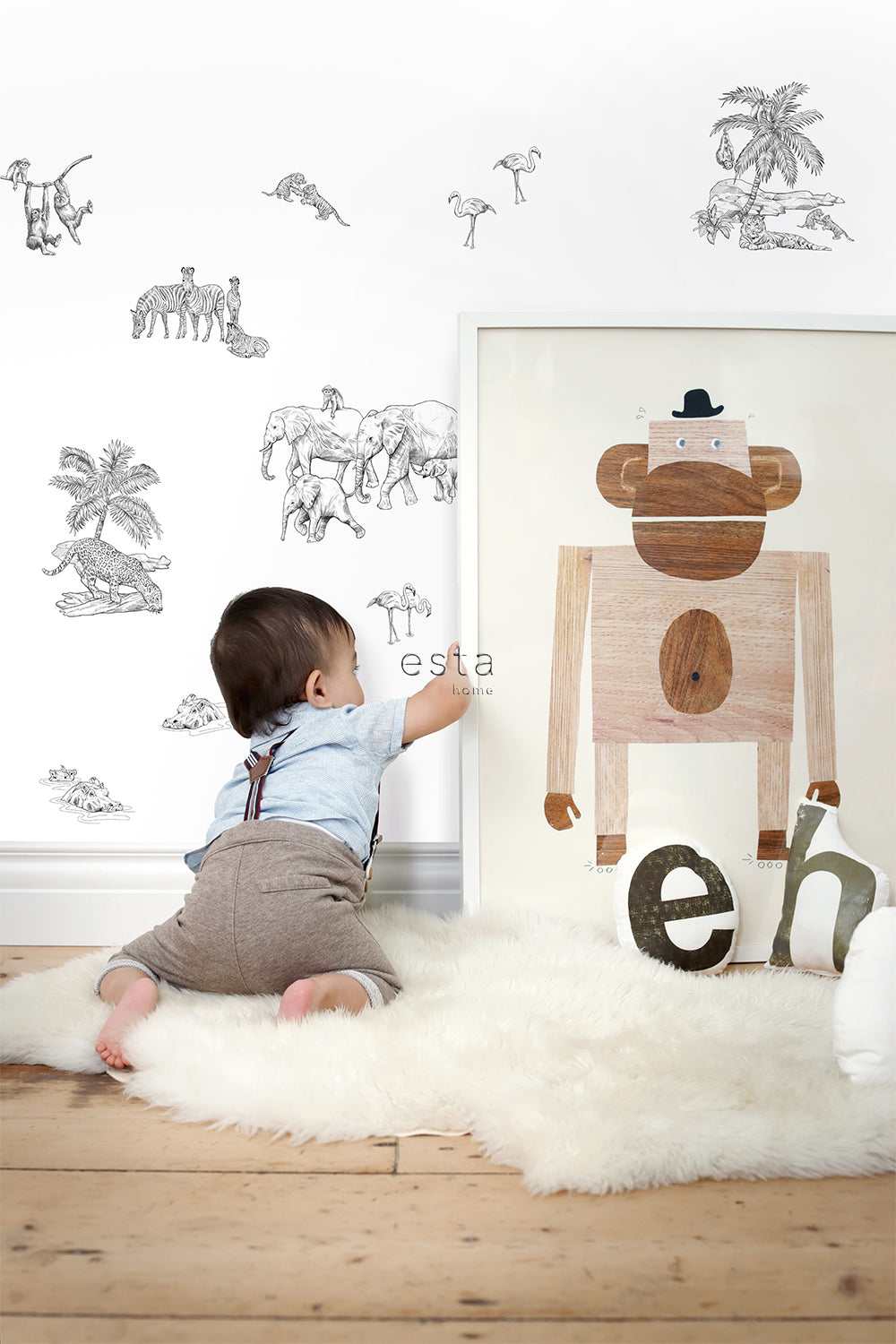 ESTAhome muursticker jungle dieren zwart wit - 47.5 x 66 cm - 156106