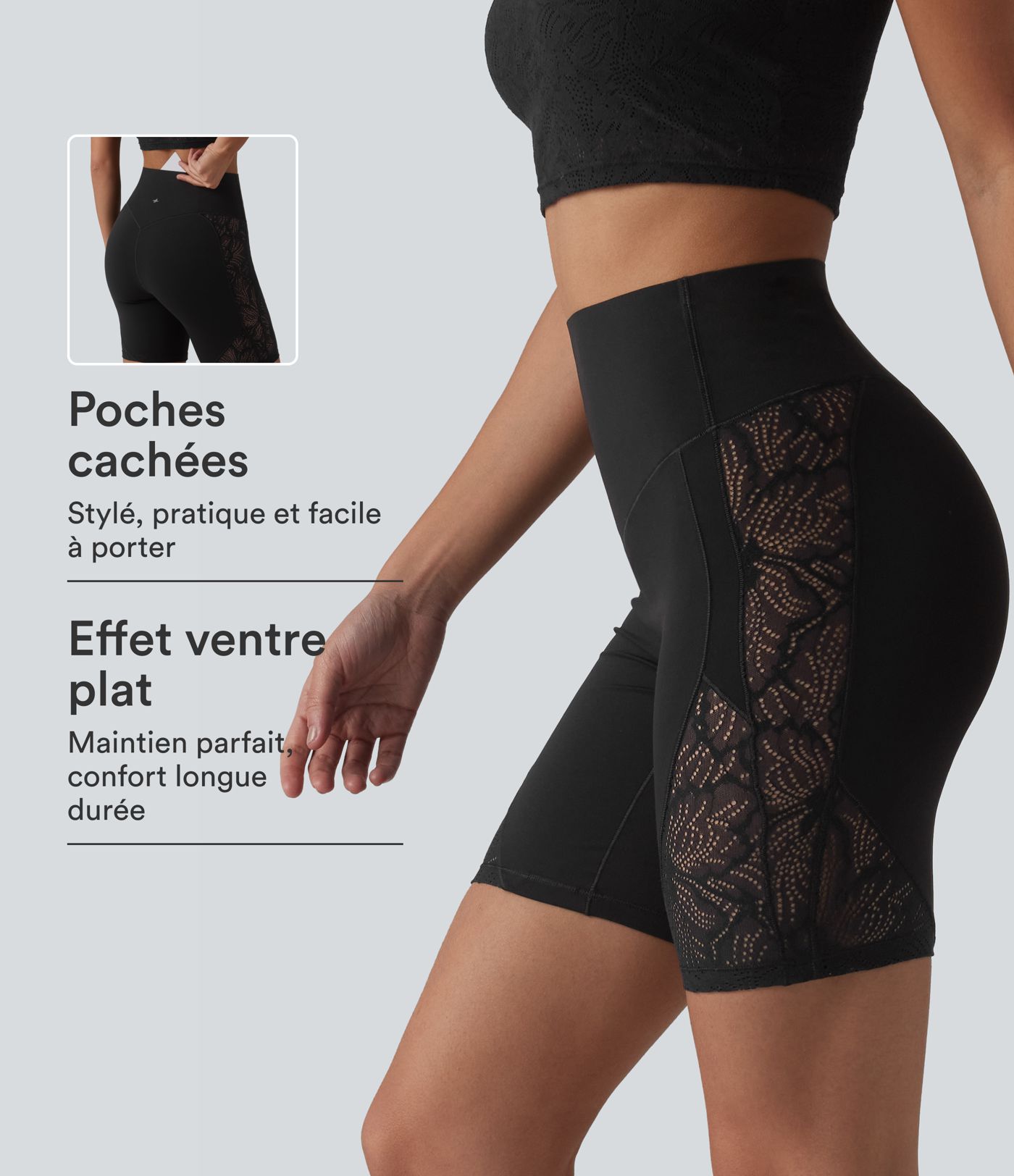Short cycliste de yoga Halara UltraSculpt™ taille haute ventre plat en dentelle contrastée, 17,5 cm, avec poche