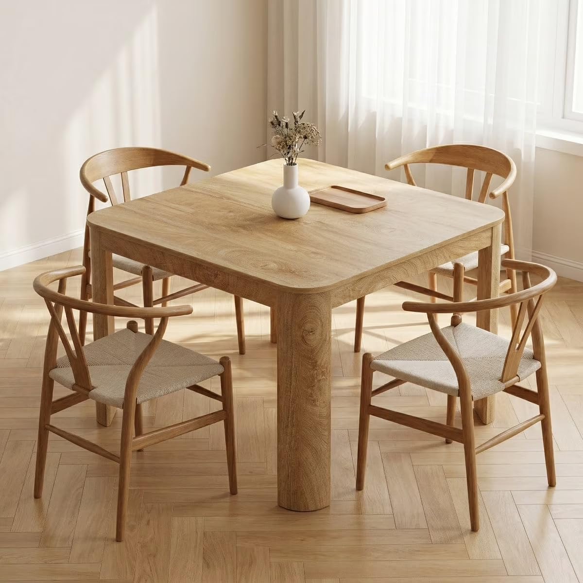 LITTLE TREE Square Dining Table with Rounded Corners, Modern 47 Kitchen Table for 4 People, Space Saving Dining Room Table for Kitchen (Light Walnut, MDF)