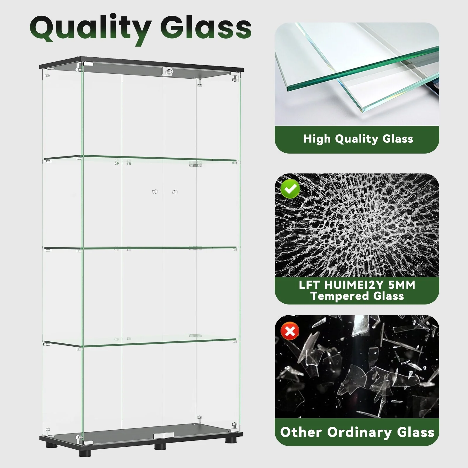 Glass Display Cabinet with 4-Shelf Double Doors and Lock, Curio Cabinet 5mm Tempered Glass Floor Standing Bookshelf