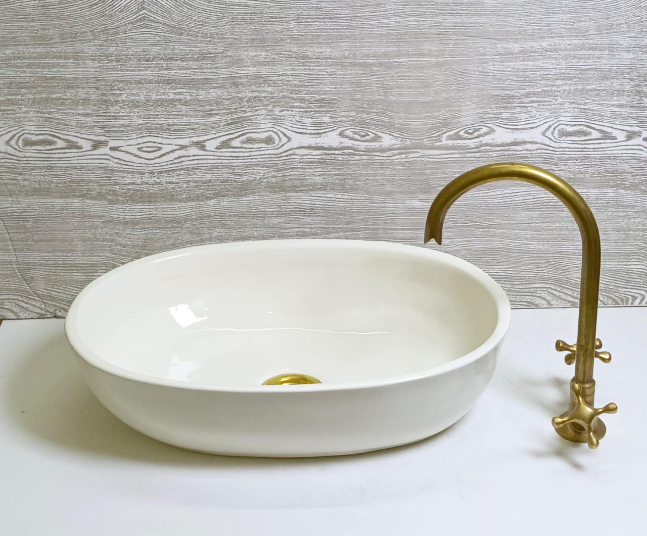 Moroccan White Ceramic Sink – Handmade Oval Basin with Glazed Finish, Farmhouse Bathroom Vessel