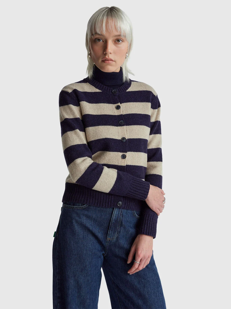 Striped cardigan in pure Shetland wool