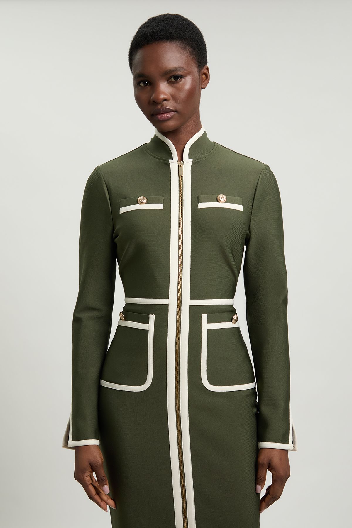 KarenMillen Figure Form Bandage Knit Piping Detail Military Midi Dress